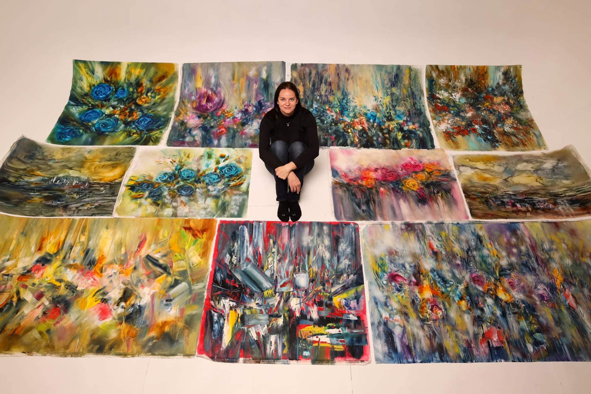 Khrystyna Kozyuk with her abstract art