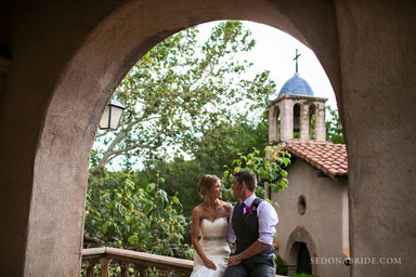 Couple outside Tlaquepaque chapel on their wedding day